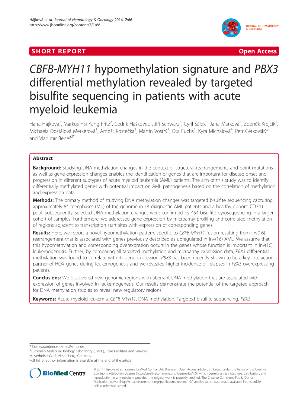 CBFB-MYH11 Hypomethylation Signature and PBX3 Differential Methylation Revealed by Targeted Bisulfite Sequencing in Patients