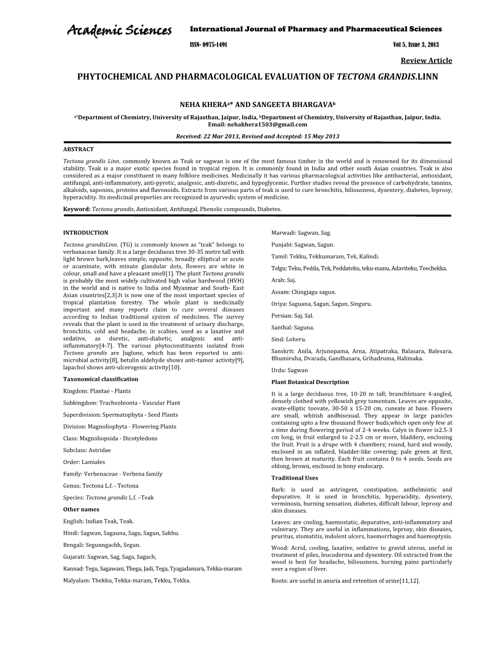 Phytochemical and Pharmacological Evaluation of Tectona Grandis.Linn