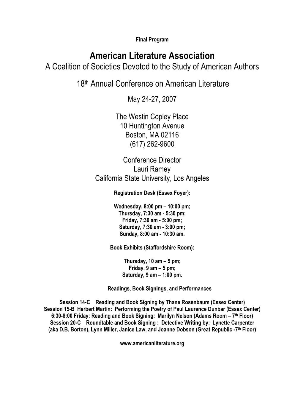 American Literature Association a Coalition of Societies Devoted to the Study of American Authors