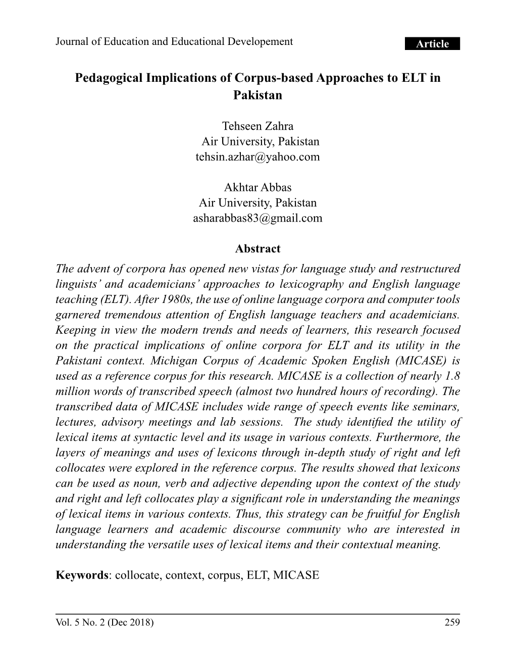 Pedagogical Implications of Corpus-Based Approaches to ELT in Pakistan