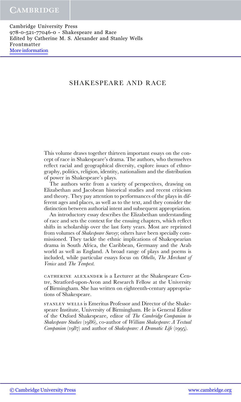 Shakespeare and Race Edited by Catherine M