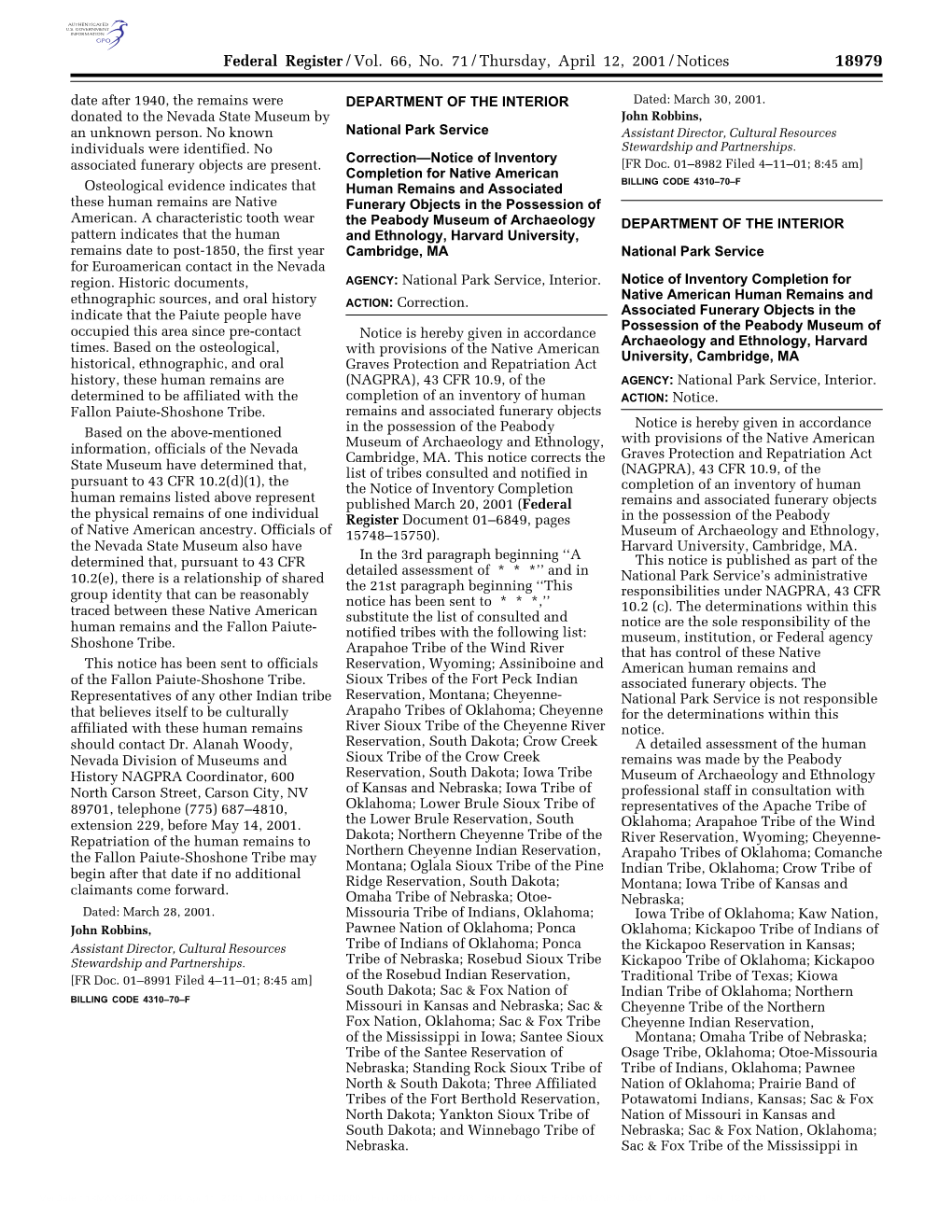 Federal Register/Vol. 66, No. 71/Thursday, April 12, 2001/Notices