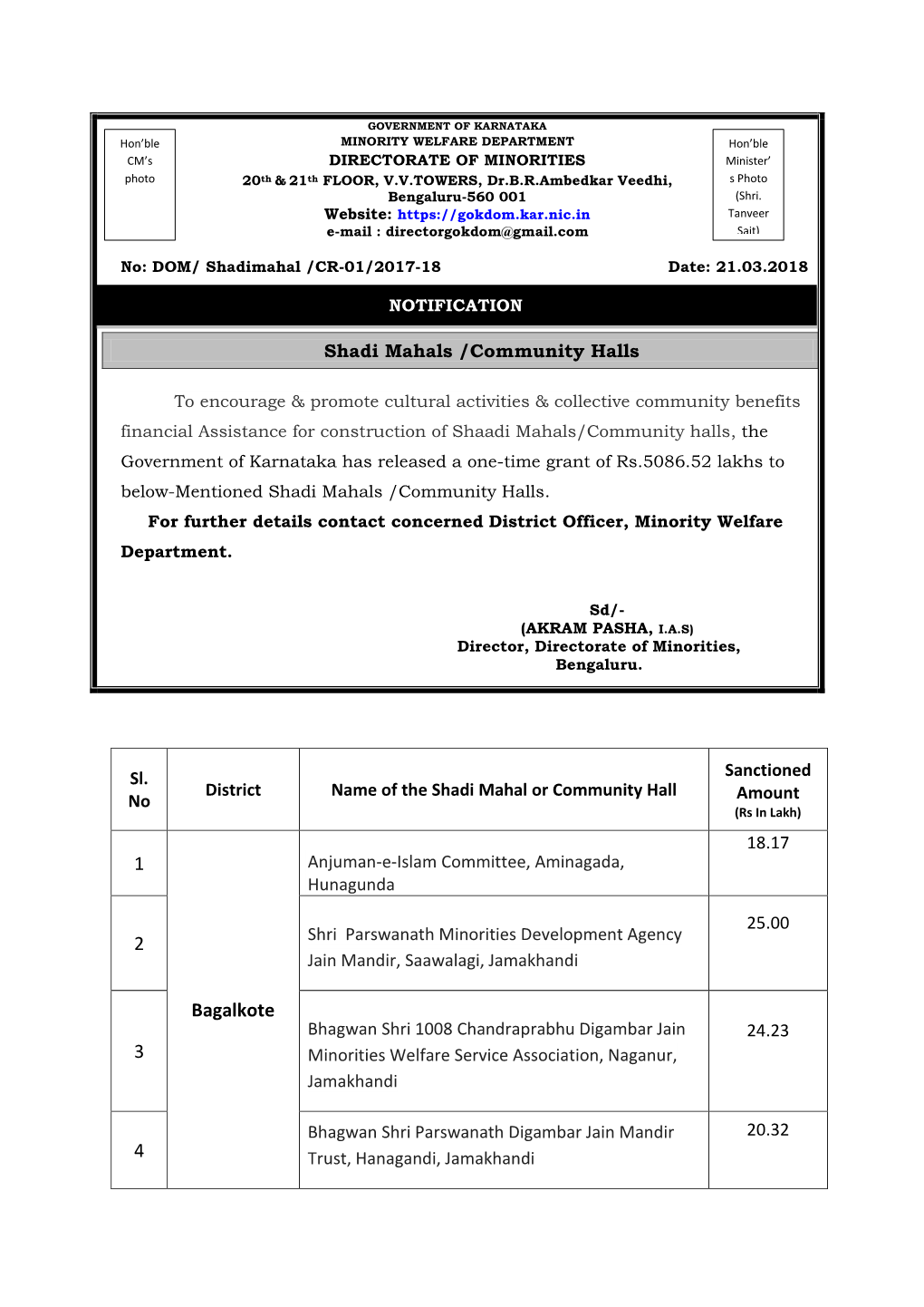 Release of Grants for Shadi Mahal/Community Halls Paper