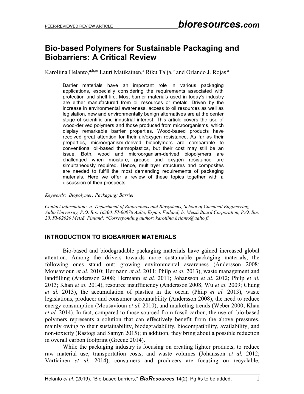 Bio-Based Polymers for Sustainable Packaging and Biobarriers: a Critical Review