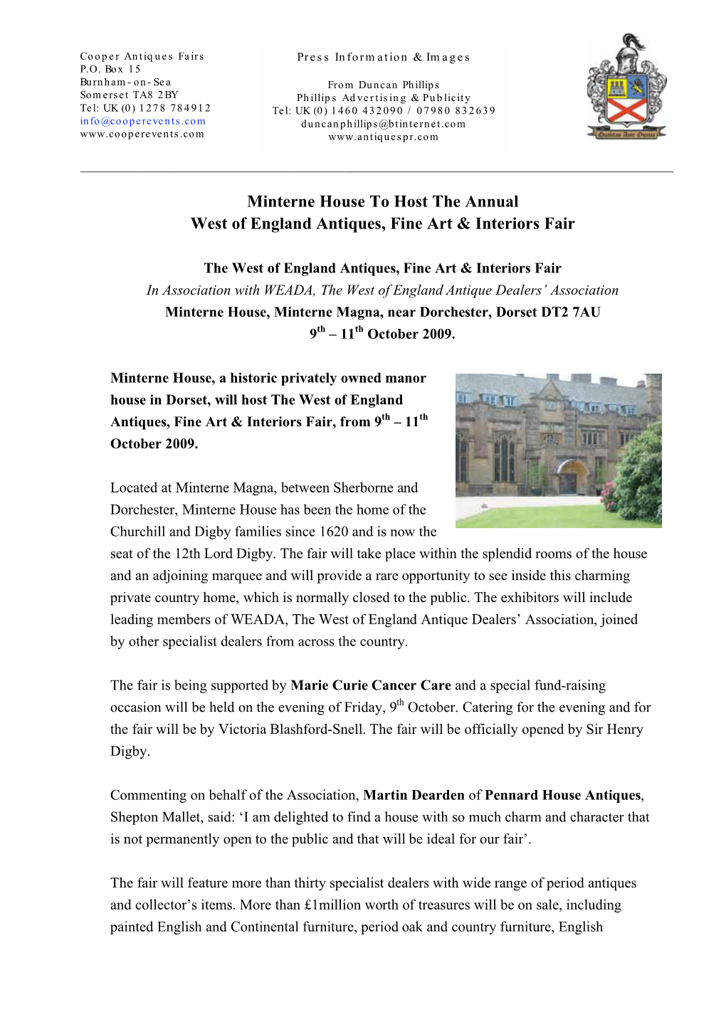 Minterne House to Host the Annual West of England Antiques, Fine Art & Interiors Fair