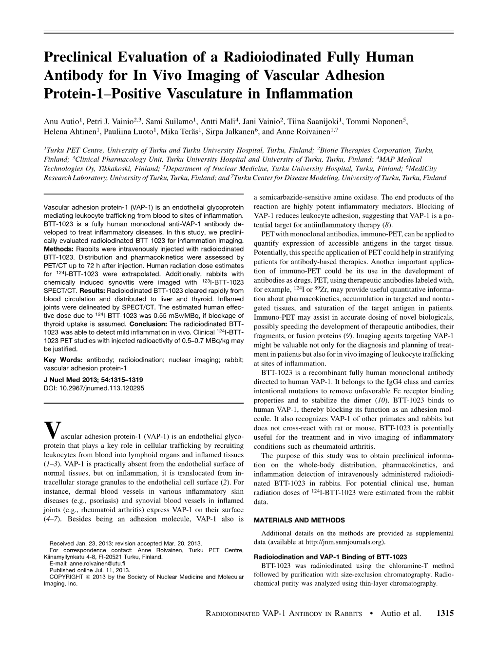 Preclinical Evaluation of a Radioiodinated Fully Human Antibody for in Vivo Imaging of Vascular Adhesion Protein-1–Positive Vasculature in Inﬂammation