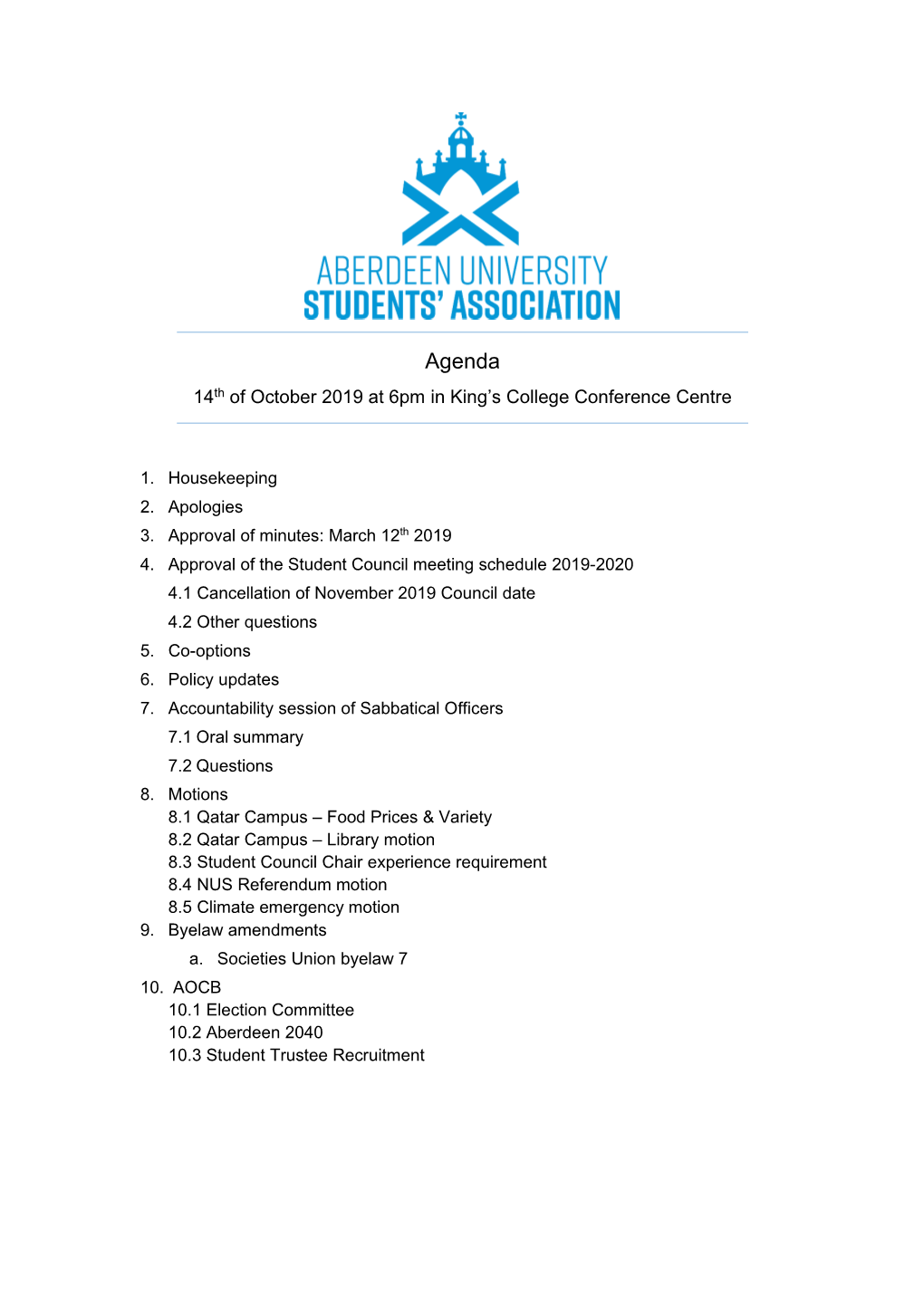 Agenda 14Th of October 2019 at 6Pm in King’S College Conference Centre