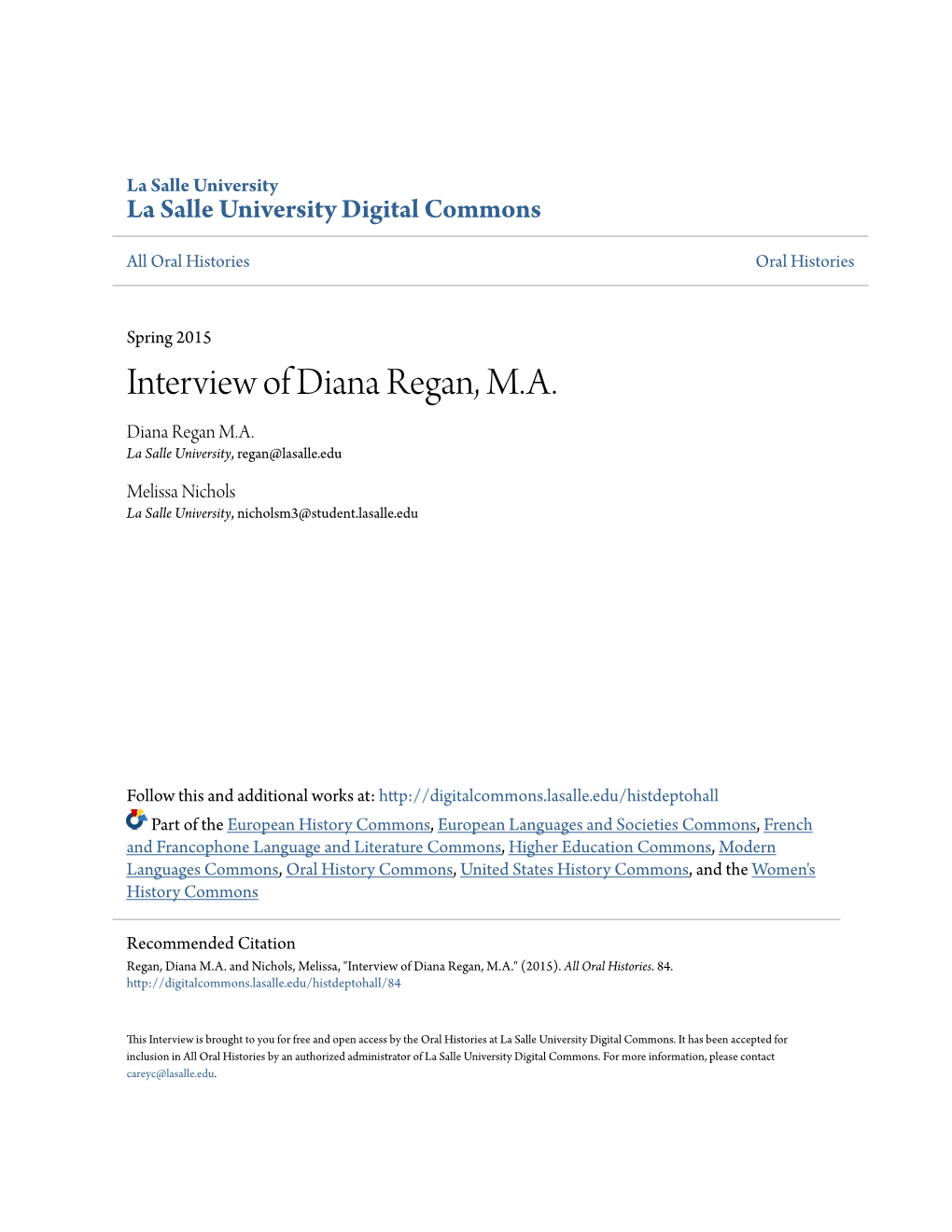 Interview of Diana Regan, M.A. Diana Regan M.A