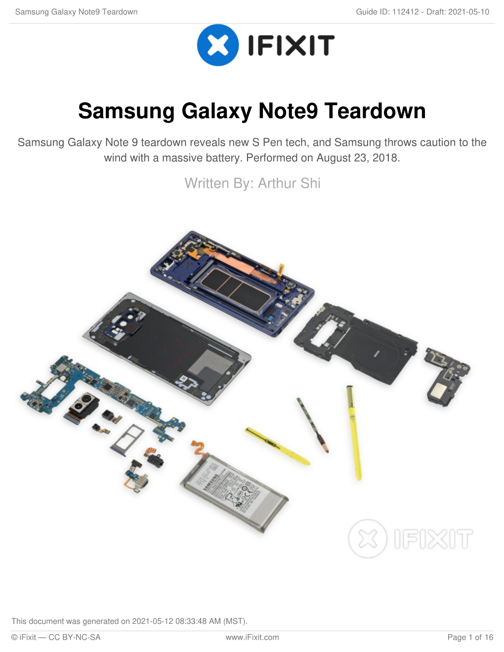 Samsung Galaxy Note9 Teardown Guide ID: 112412 - Draft: 2021-05-10