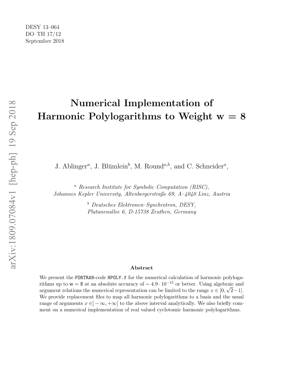 Numerical Implementation of Harmonic Polylogarithms to Weight W = 8