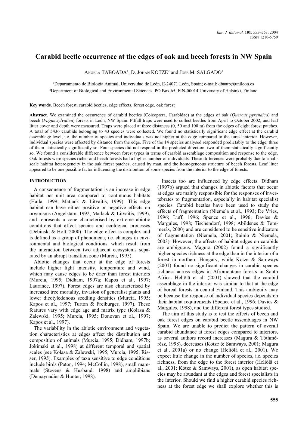 Carabid Beetle Occurrence at the Edges of Oak and Beech Forests in NW Spain