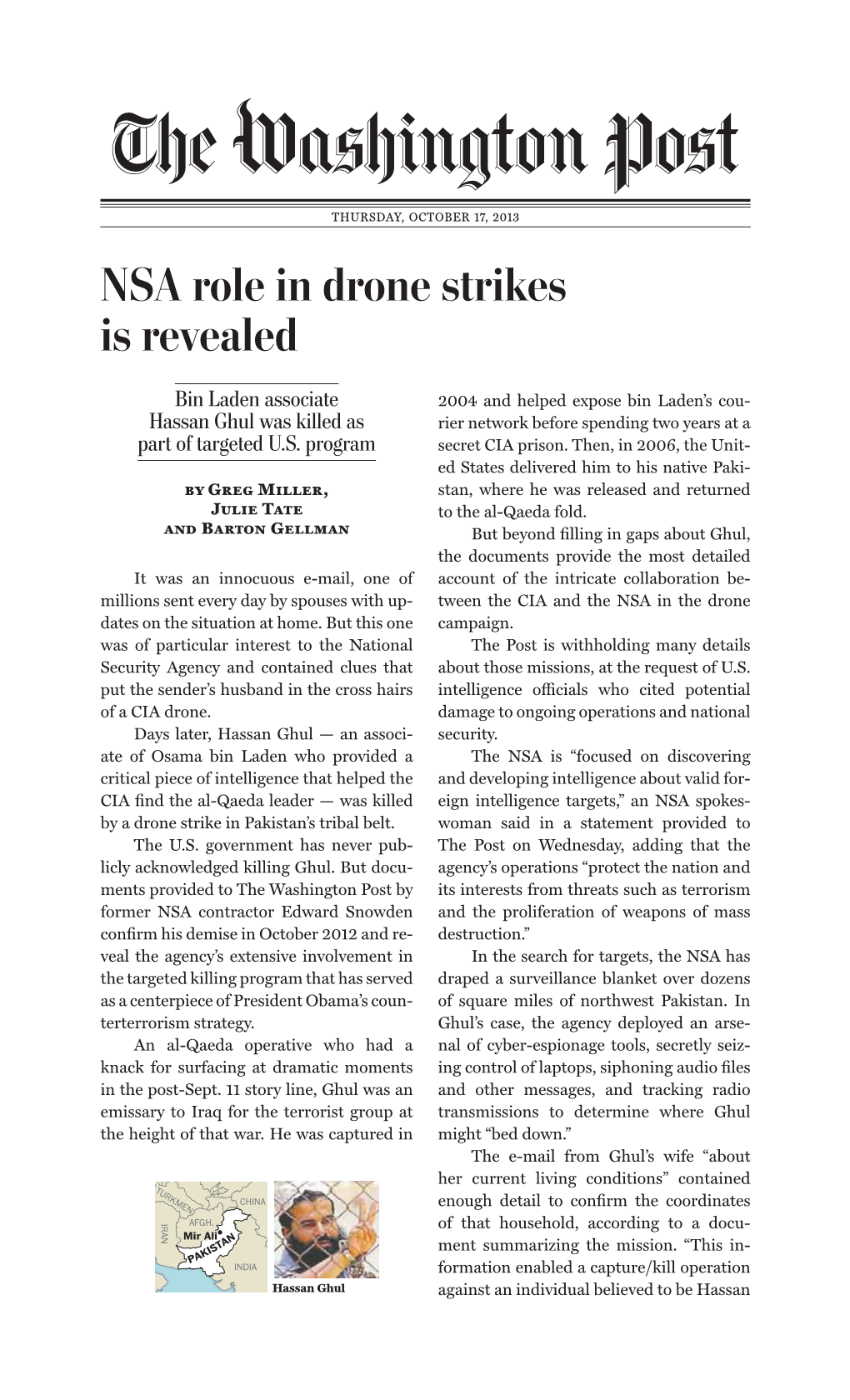 NSA Role in Drone Strikes Is Revealed