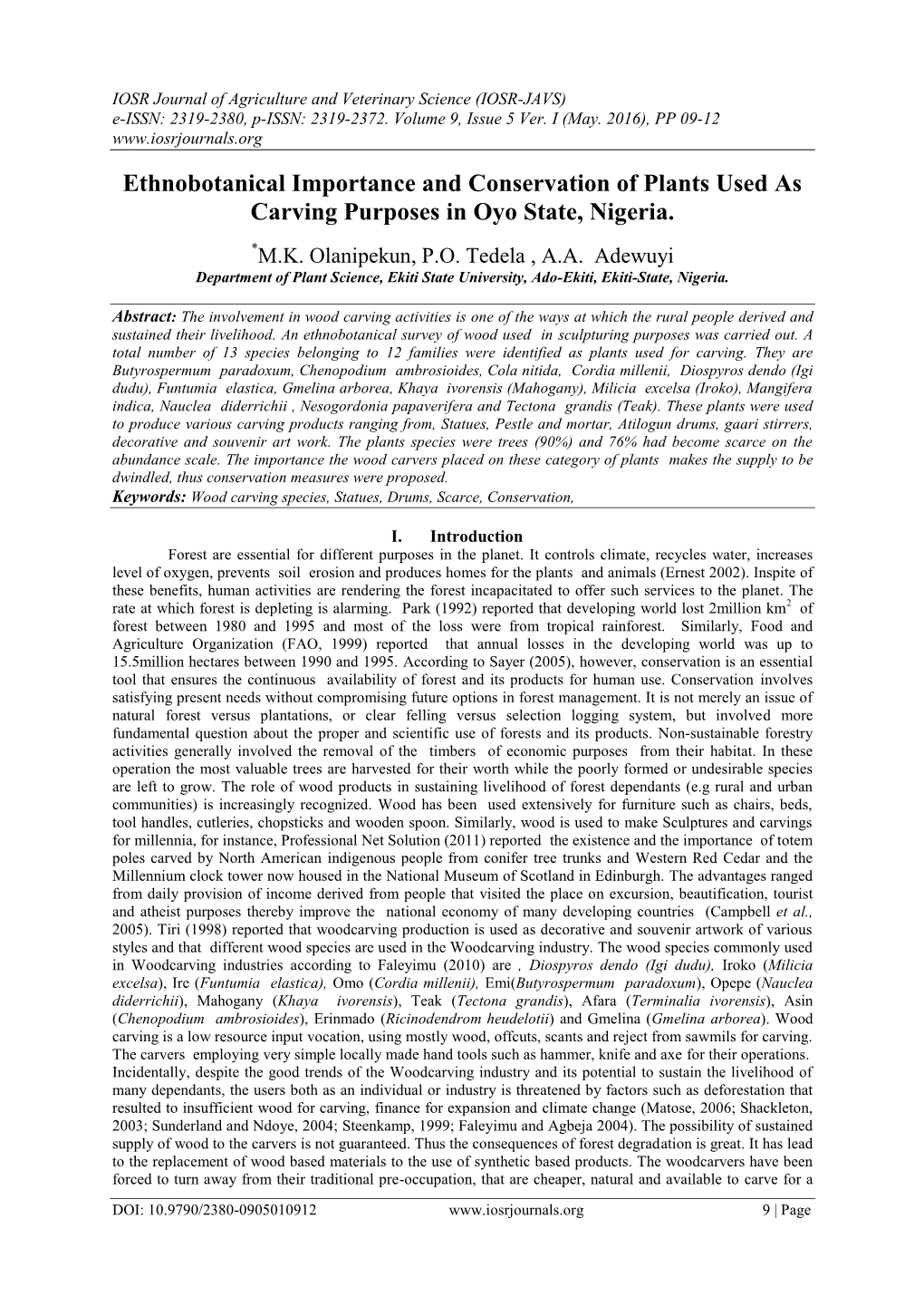 Ethnobotanical Importance and Conservation of Plants Used As Carving Purposes in Oyo State, Nigeria