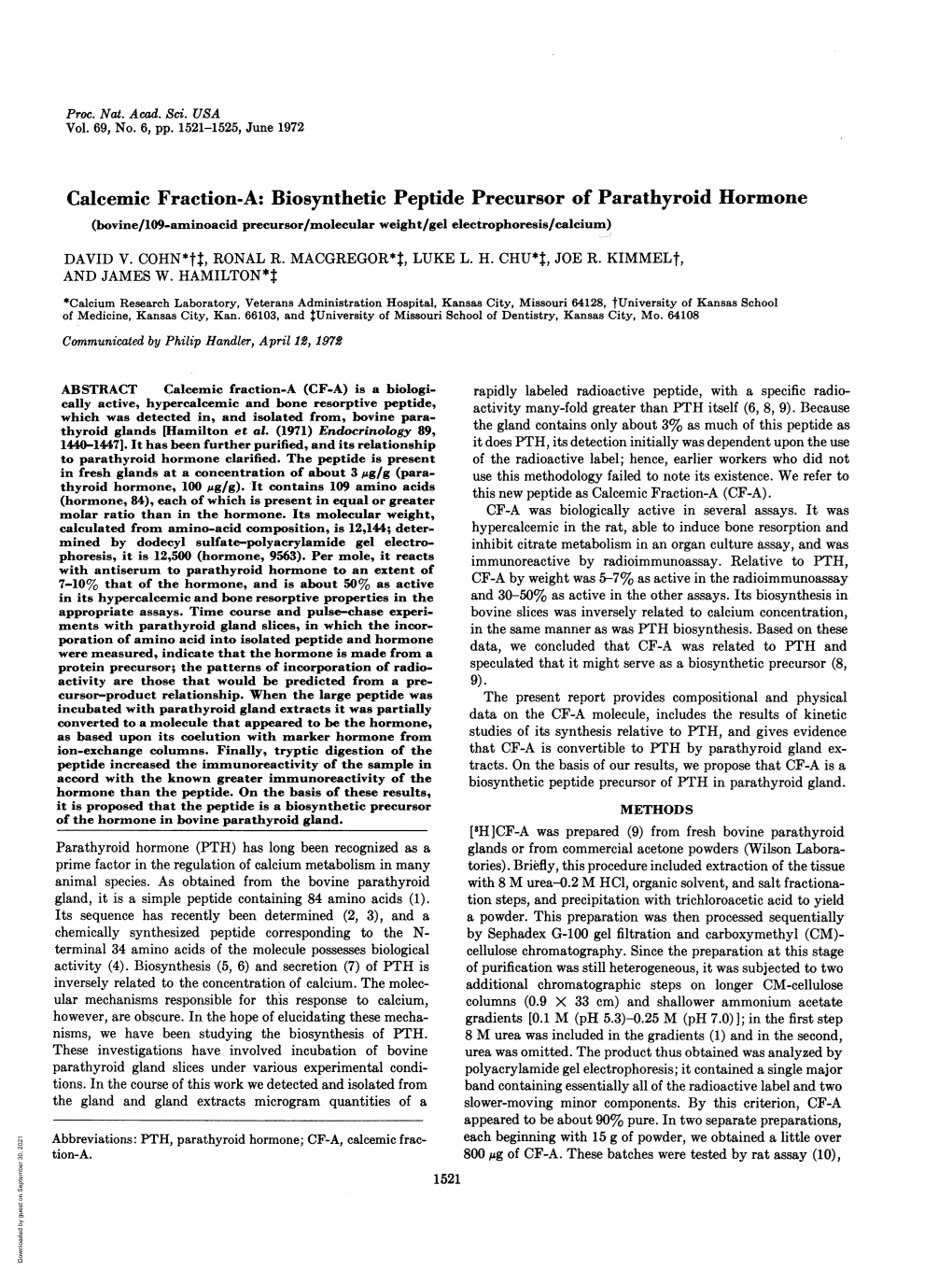 Biosynthetic Peptide Precursor of Parathyroid Hormone AND