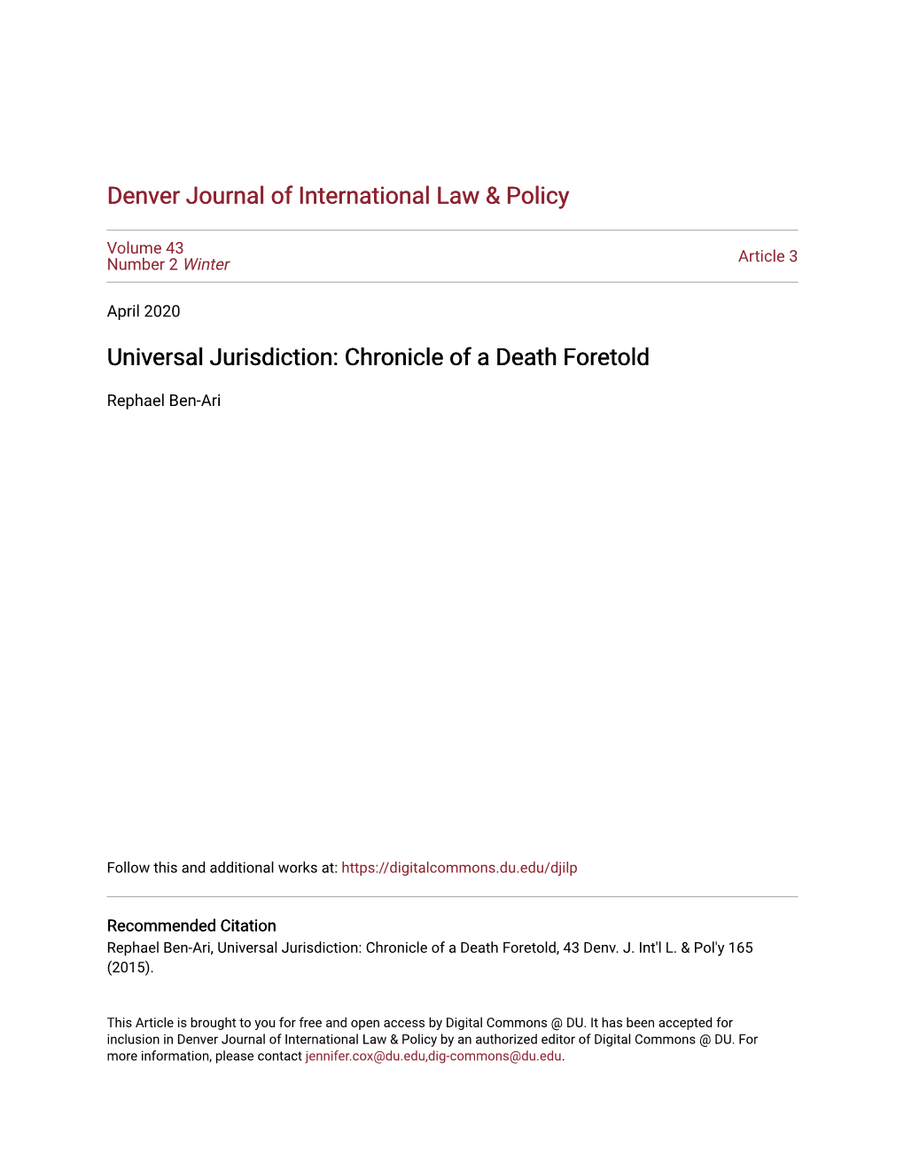 Universal Jurisdiction: Chronicle of a Death Foretold