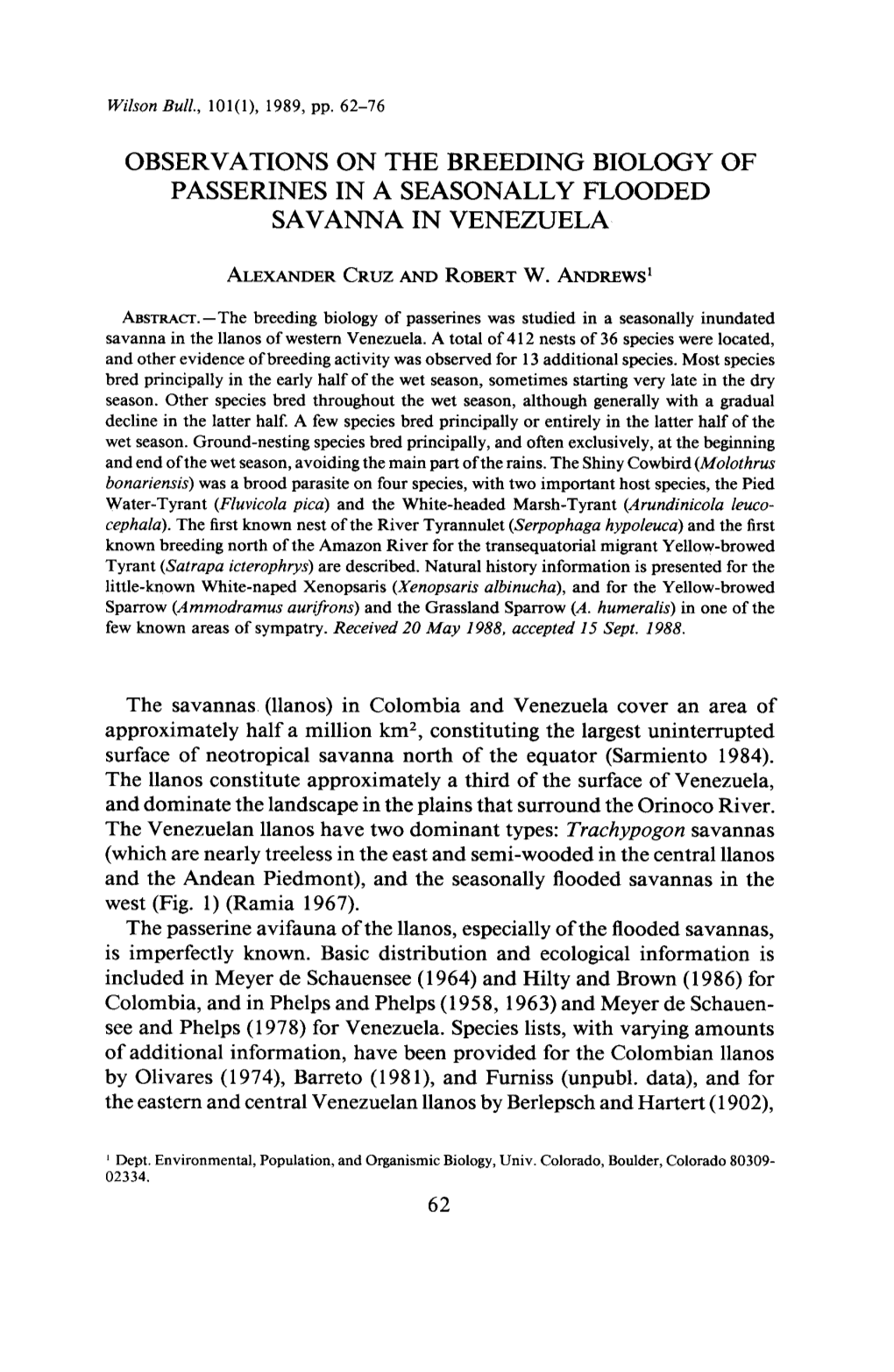 Observations on the Breeding Biology of Passerines in a Seasonally Flooded Savanna in Venezuela