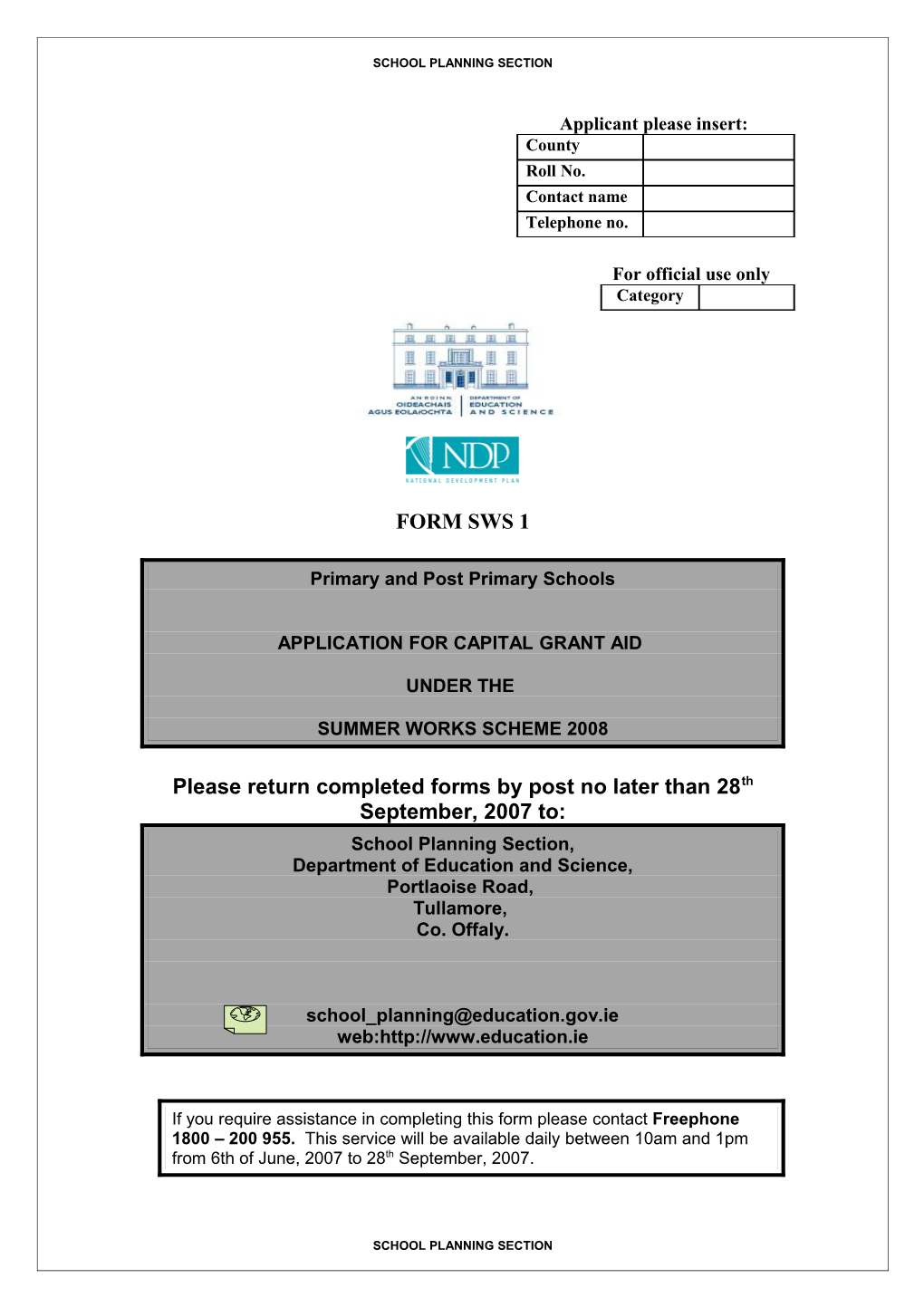 Form SWS1 - Primary and Post Primary Schools - Application for Capital Grant Aid Under