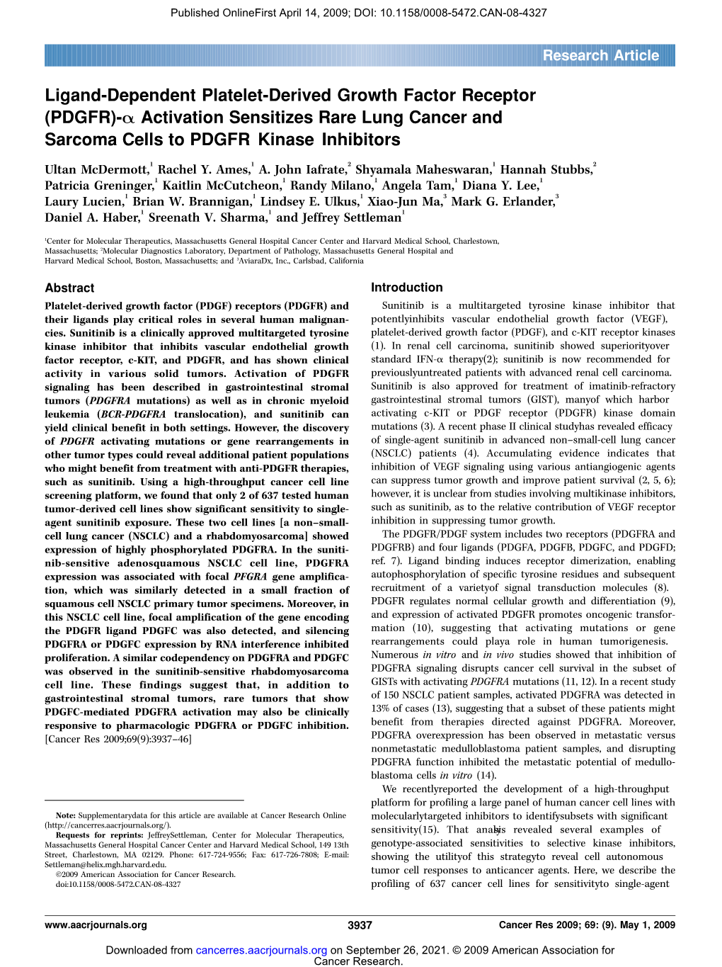 Ligand-Dependent Platelet-Derived Growth Factor Receptor (PDGFR)-A Activation Sensitizes Rare Lung Cancer and Sarcoma Cells to PDGFR Kinase Inhibitors