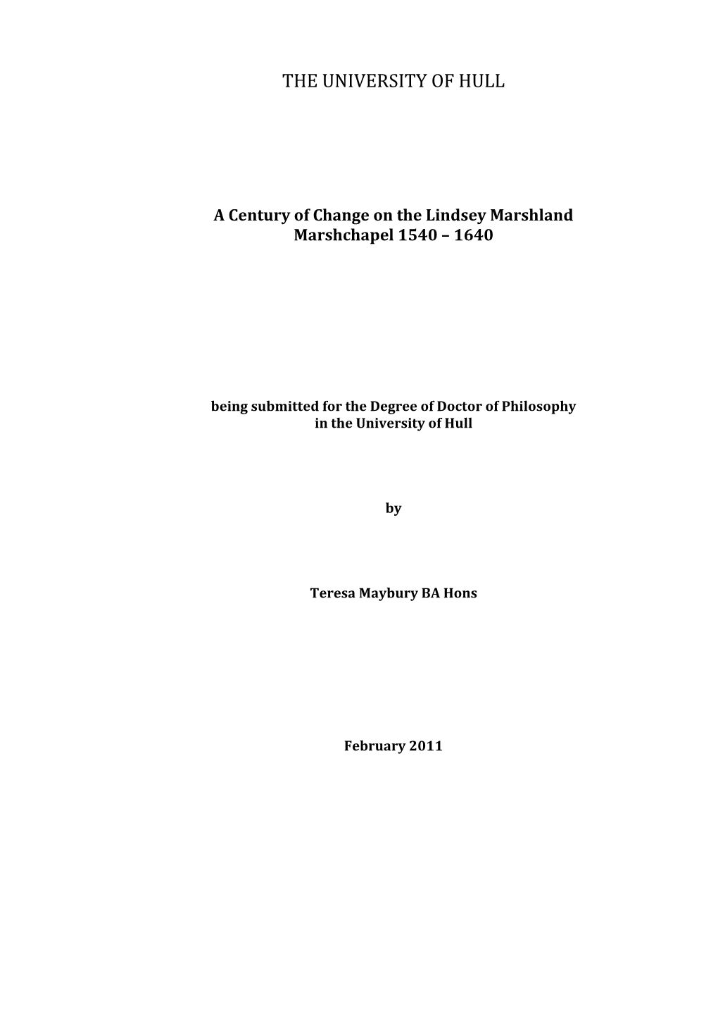 A Century of Change on the Lindsey Marshland Marshchapel 1540 – 1640