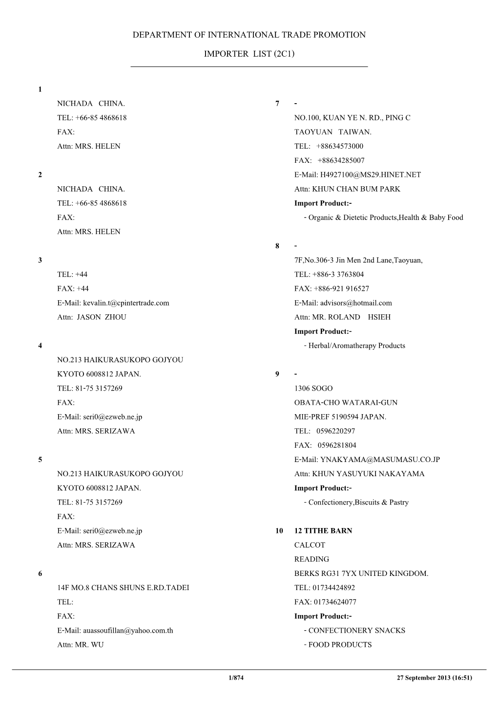 Department of International Trade Promotion Importer List (2C1)