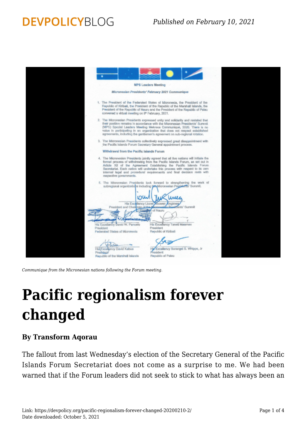 Pacific Regionalism Forever Changed