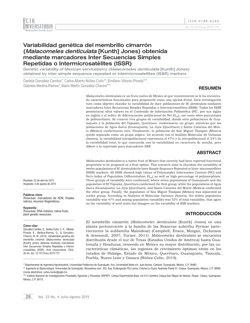 Variabilidad Genética Del Membrillo Cimarrón (Malacomeles Denticulata