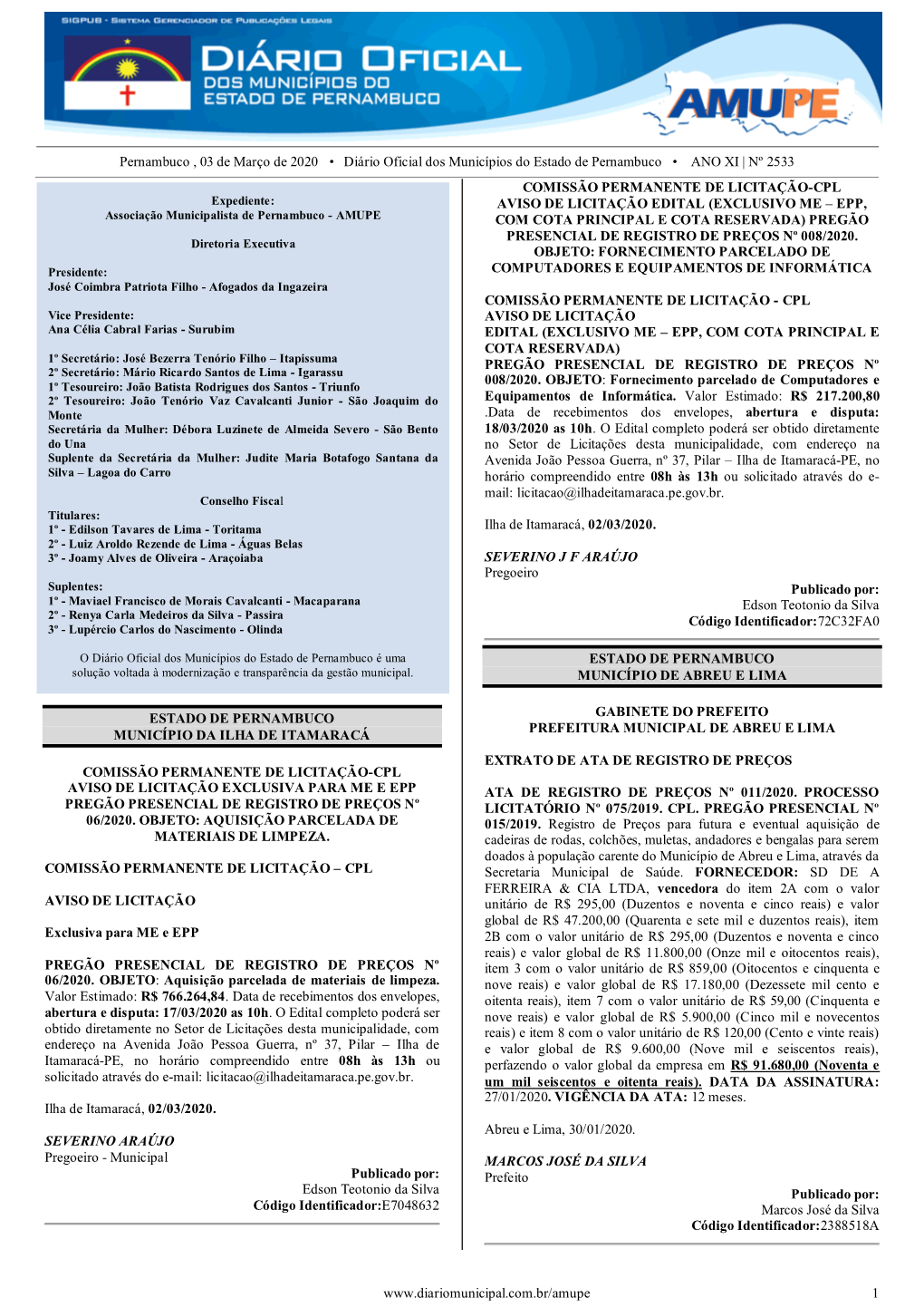 Pernambuco , 03 De Março De 2020 • Diário Oficial Dos Municípios Do Estado De Pernambuco • ANO XI | Nº 2533