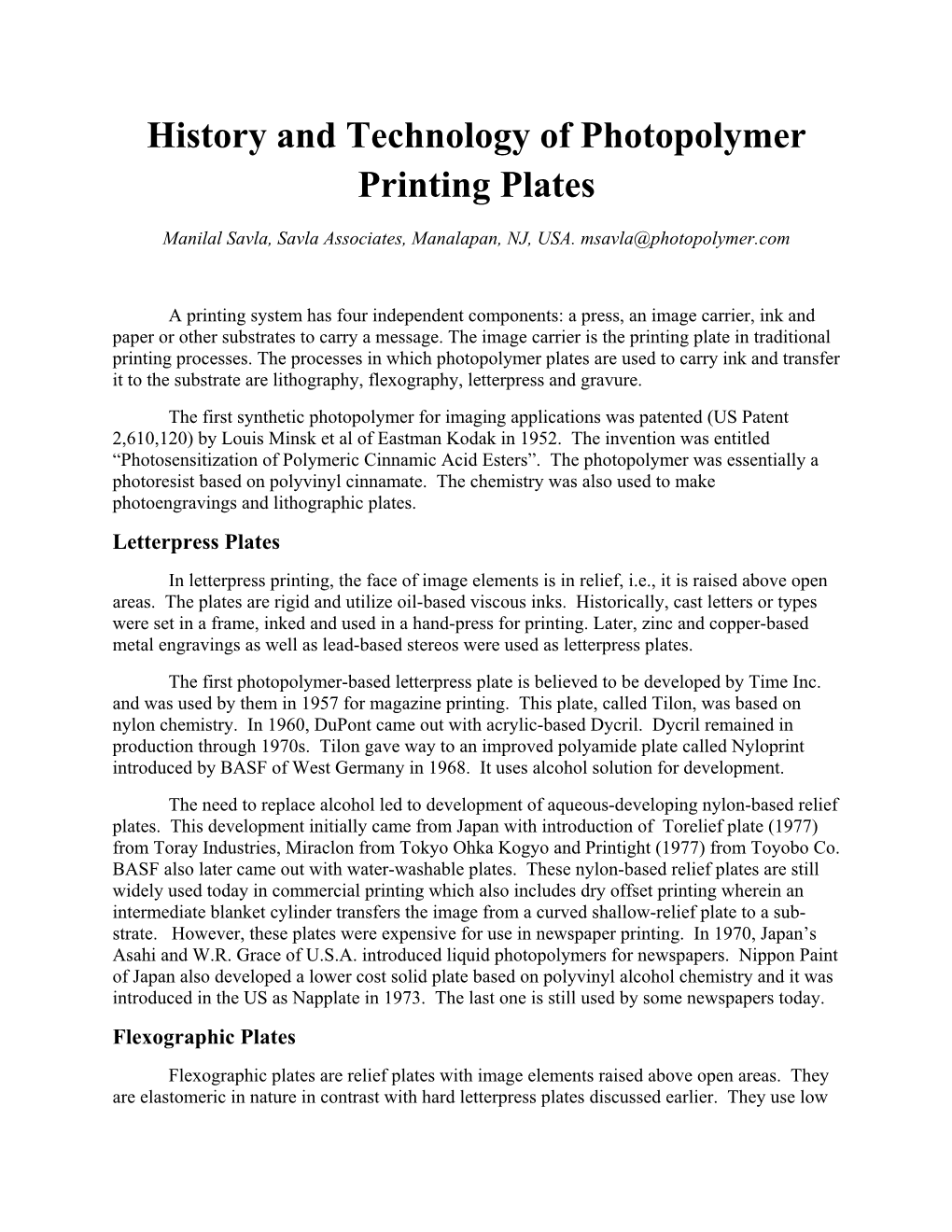 History and Technology of Photopolymer Printing Plates