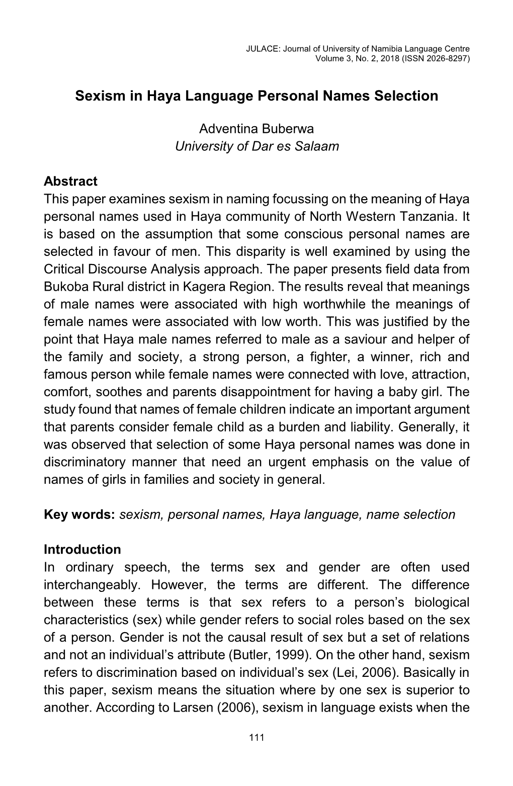 Sexism in Haya Language Personal Names Selection