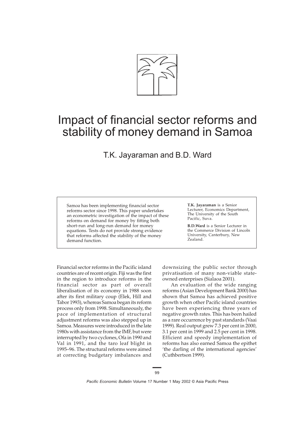 Impact of Financial Sector Reforms and Stability of Money Demand in Samoa