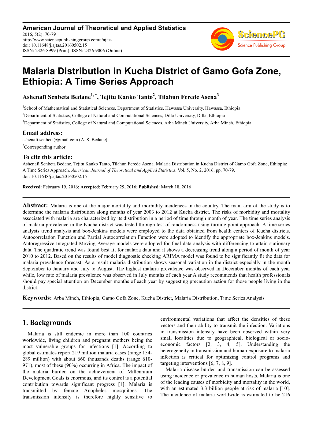 Malaria Distribution in Kucha District of Gamo Gofa Zone, Ethiopia: a Time Series Approach