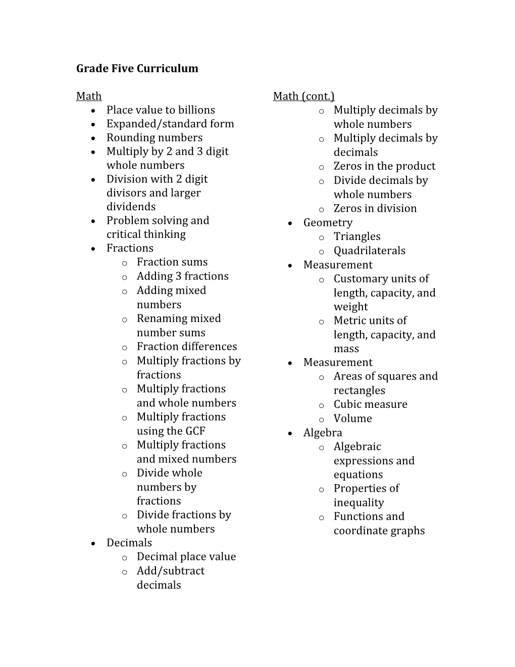 Grade Five Curriculum