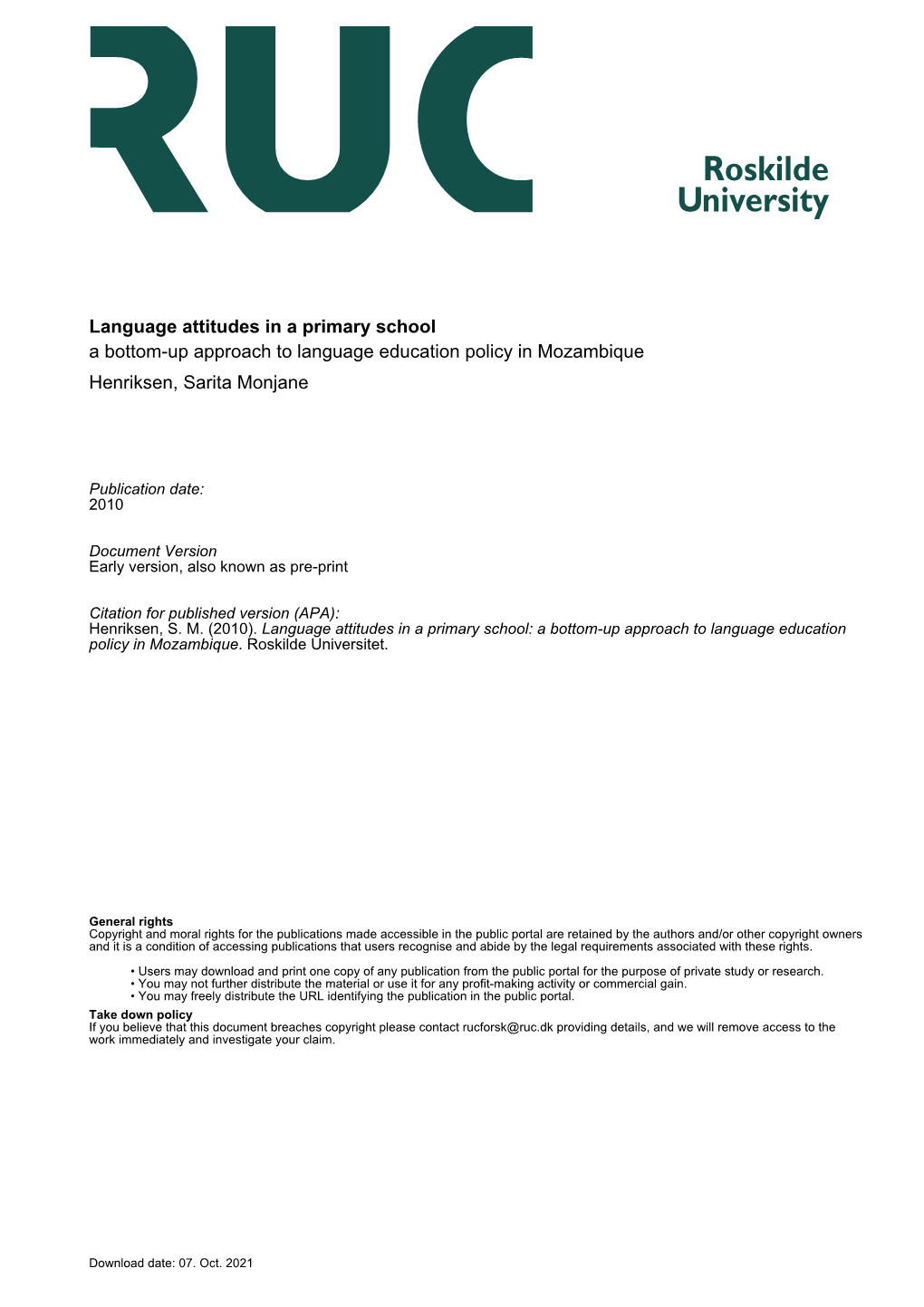 A Bottom-Up Approach to Language Education Policy in Mozambique Henriksen, Sarita Monjane