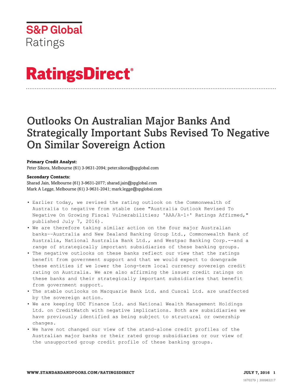 Outlooks on Australian Major Banks and Strategically Important Subs Revised to Negative on Similar Sovereign Action