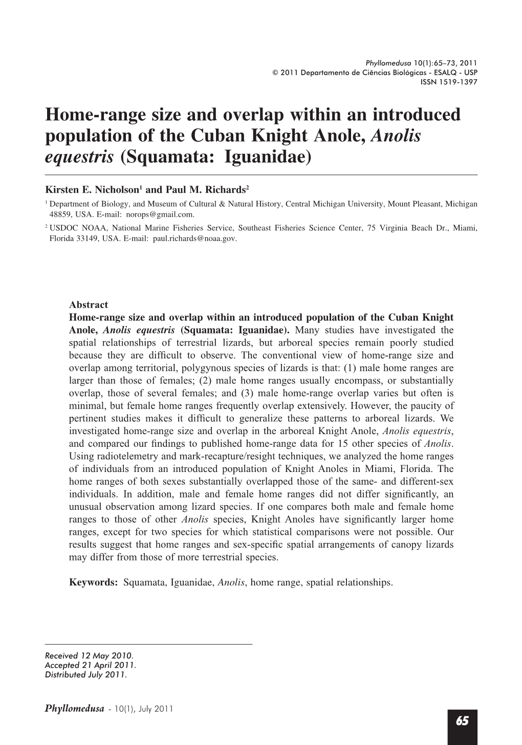 Home-Range Size and Overlap Within an Introduced Population of the Cuban Knight Anole, Anolis Equestris (Squamata: Iguanidae)
