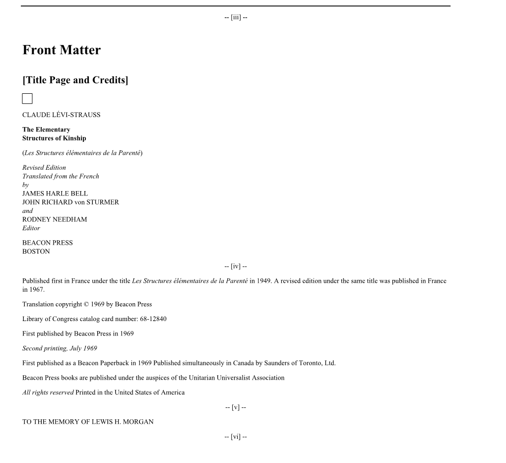 Front Matter by Editor, in Elementary Structures of Kinship