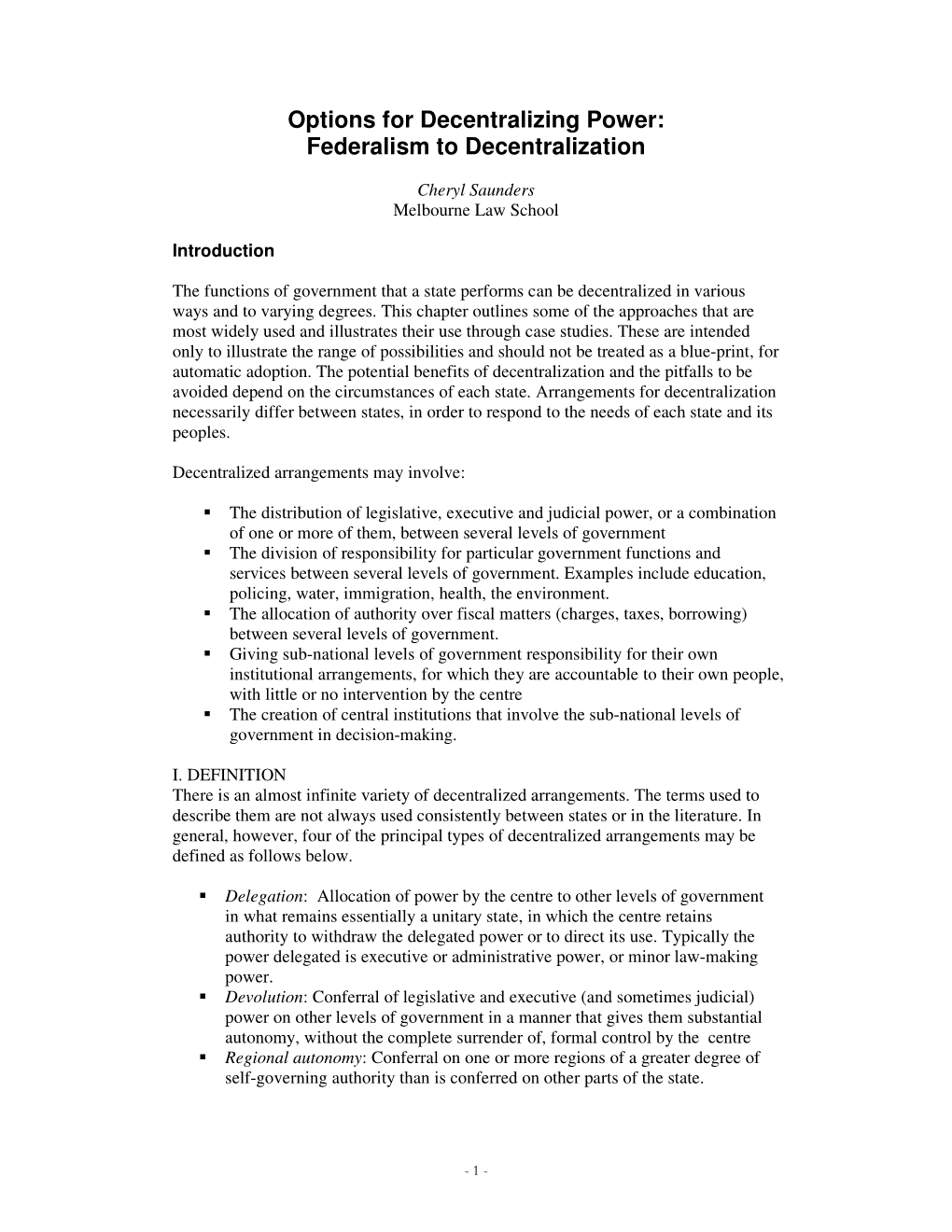 Options for Decentralizing Power: Federalism to Decentralization