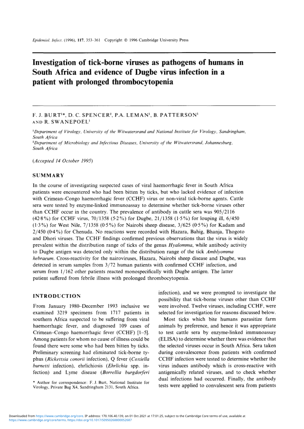 Investigation of Tick-Borne Viruses As Pathogens of Humans in South Africa and Evidence of Dugbe Virus Infection in a Patient with Prolonged Thrombocytopenia