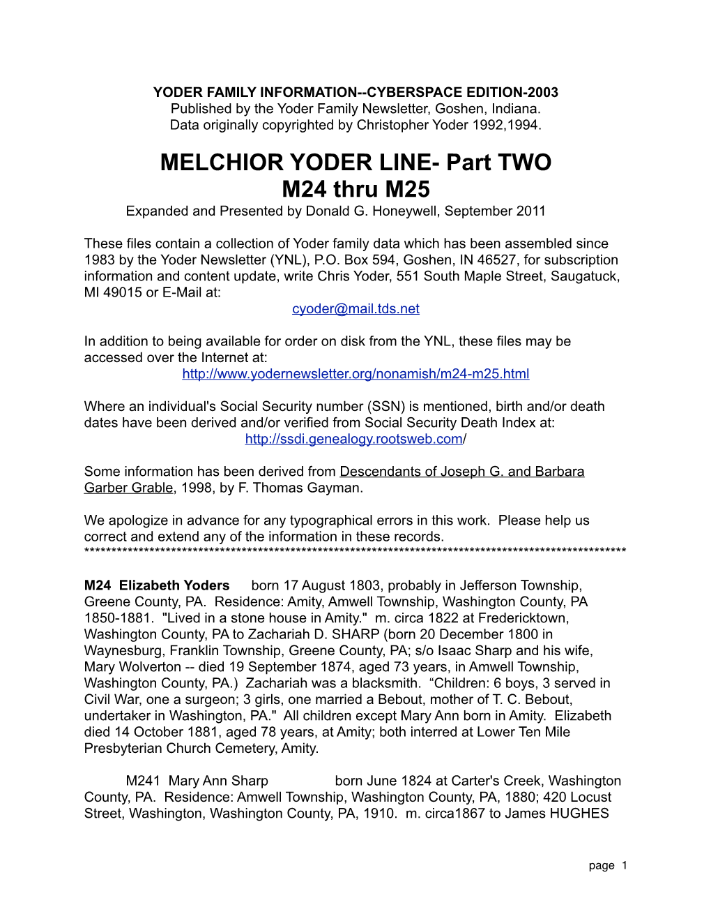 MELCHIOR YODER LINE- Part TWO M24 Thru M25 Expanded and Presented by Donald G