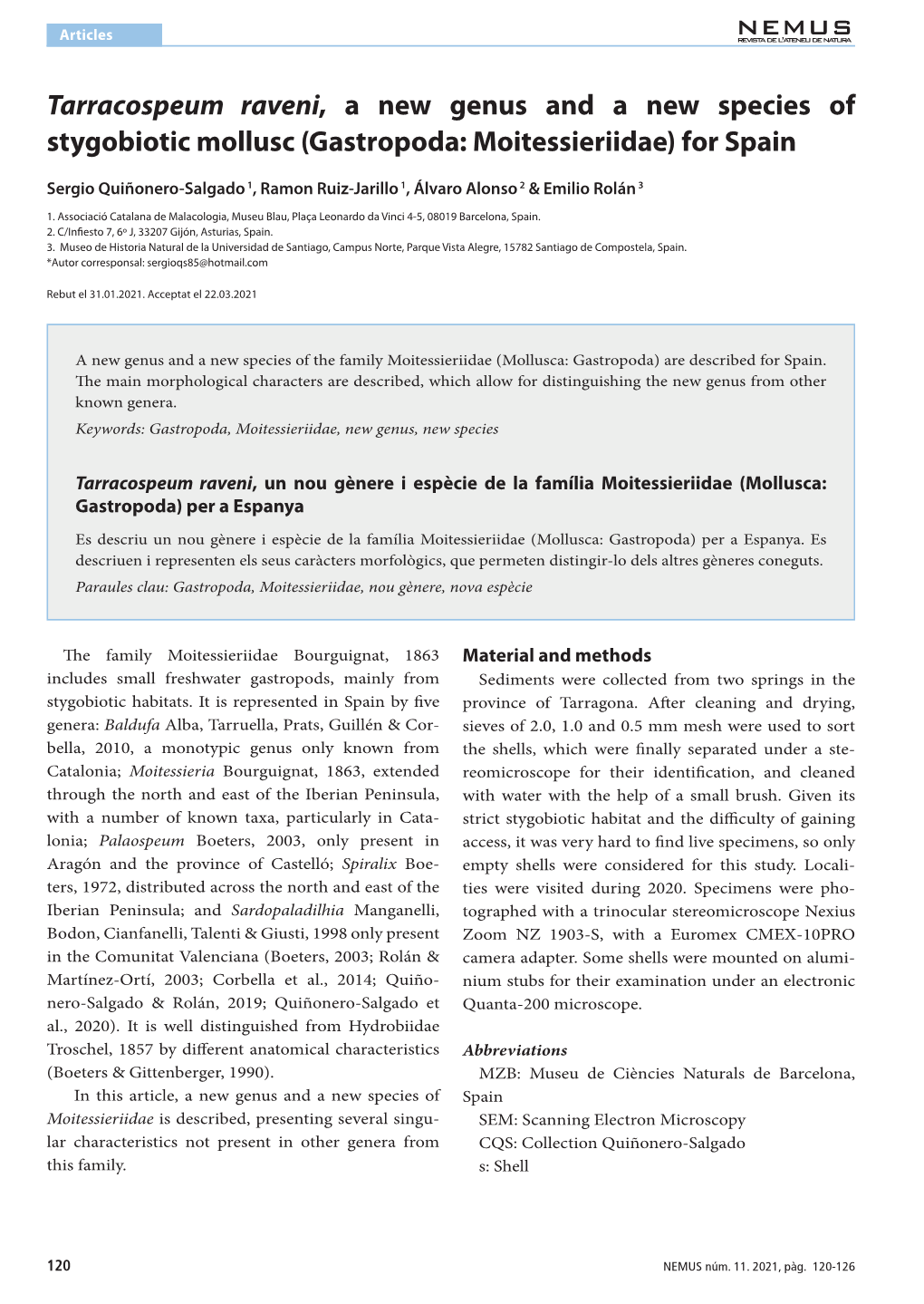 Tarracospeum Raveni, a New Genus and a New Species of Stygobiotic Mollusc (Gastropoda: Moitessieriidae) for Spain