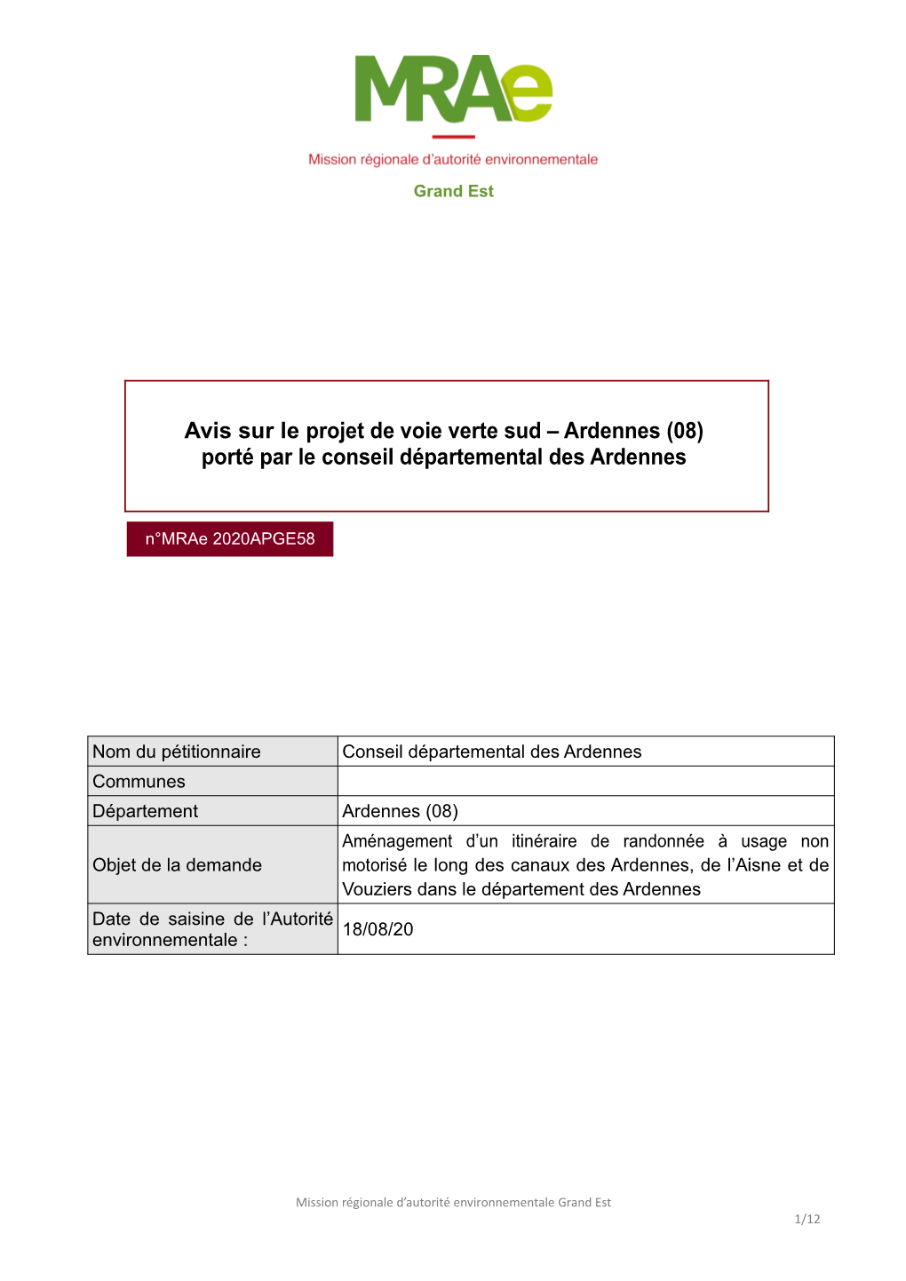 Avis Sur Le Projet De Voie Verte Sud – Ardennes (08) Porté Par Le Conseil Départemental Des Ardennes