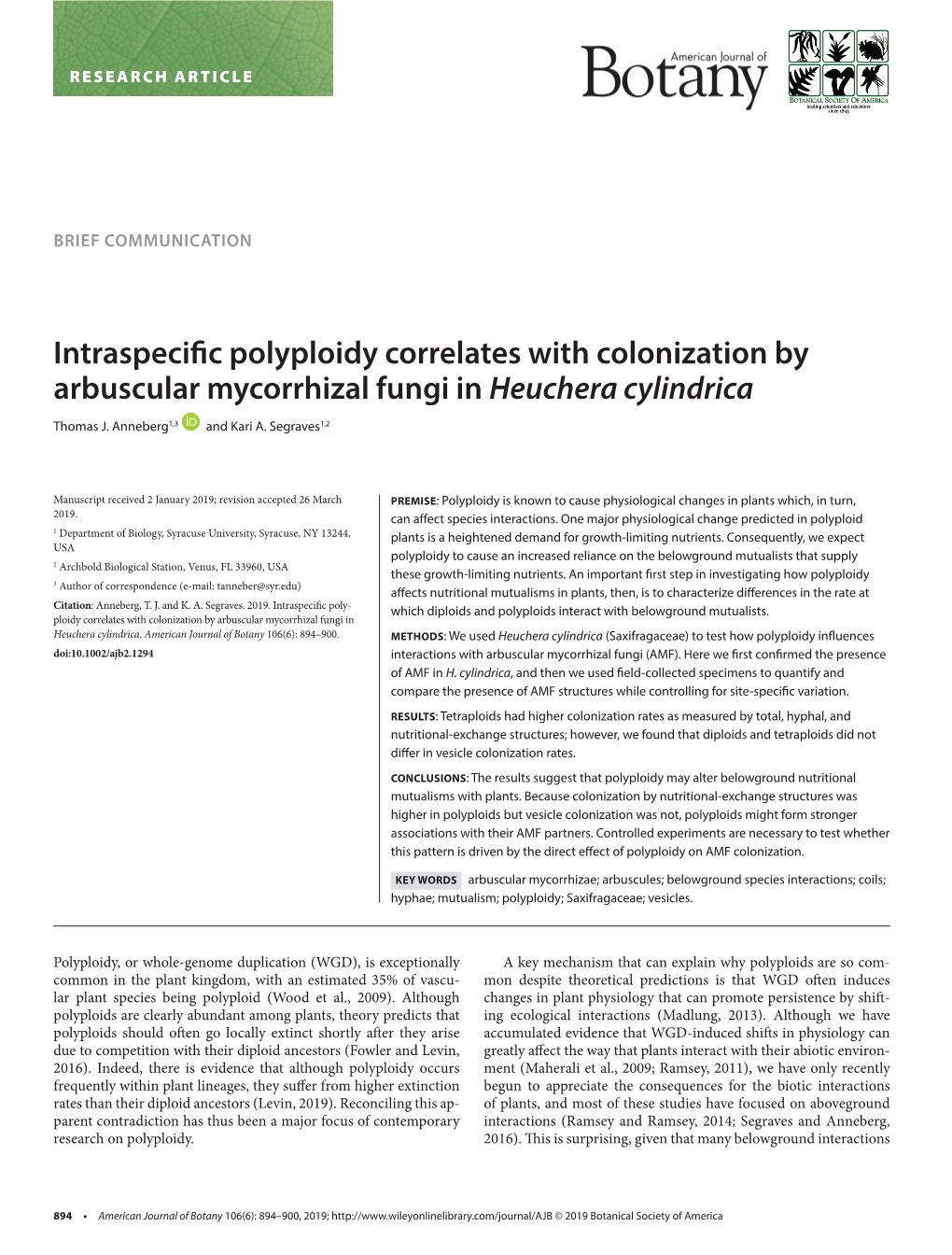 Intraspecific Polyploidy Correlates with Colonization by Arbuscular Mycorrhizal Fungi in Heuchera Cylindrica