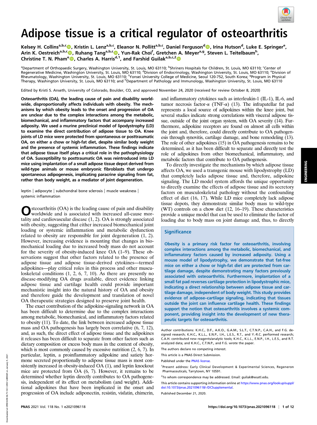 Adipose Tissue Is a Critical Regulator of Osteoarthritis