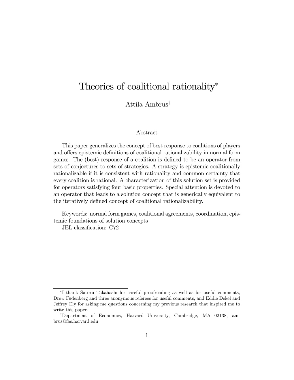 Theories of Coalitional Rationality*