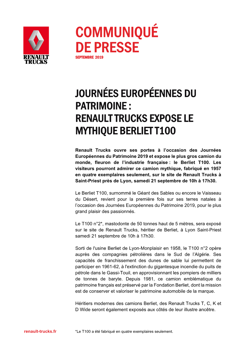 Journées Européennes Du Patrimoine : Renault Trucks Expose Le Mythique Berliet T100