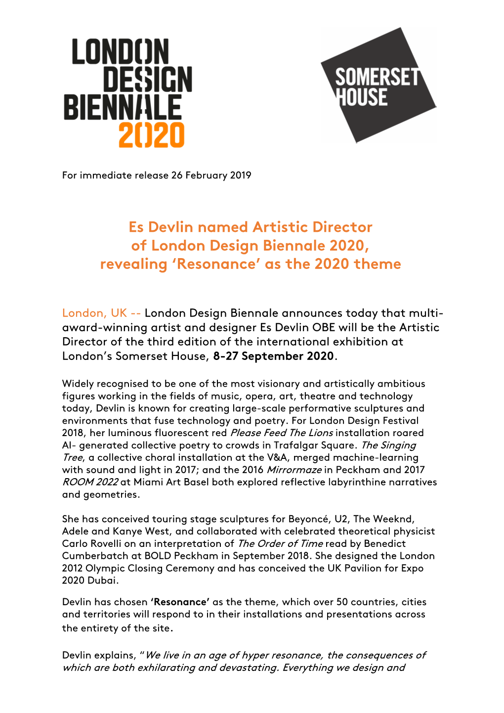 Es Devlin Named Artistic Director of London Design Biennale 2020, Revealing ‘Resonance’ As the 2020 Theme