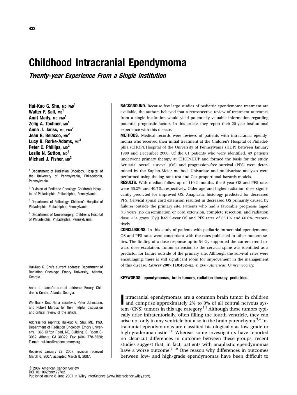 Childhood Intracranial Ependymoma Twenty-Year Experience from a Single Institution