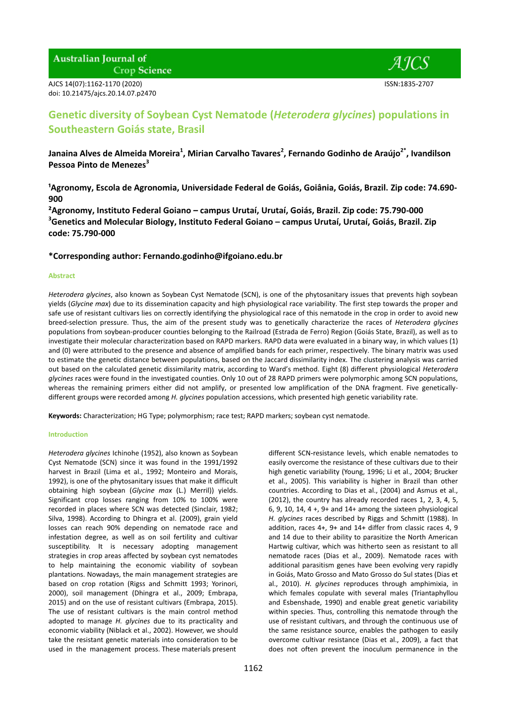 Genetic Diversity of Soybean Cyst Nematode (Heterodera Glycines) Populations in Southeastern Goiás State, Brasil