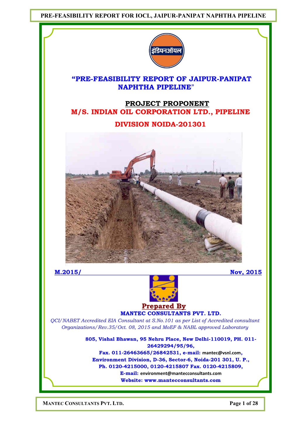 Pre-Feasibility Report for Iocl, Jaipur-Panipat Naphtha Pipeline