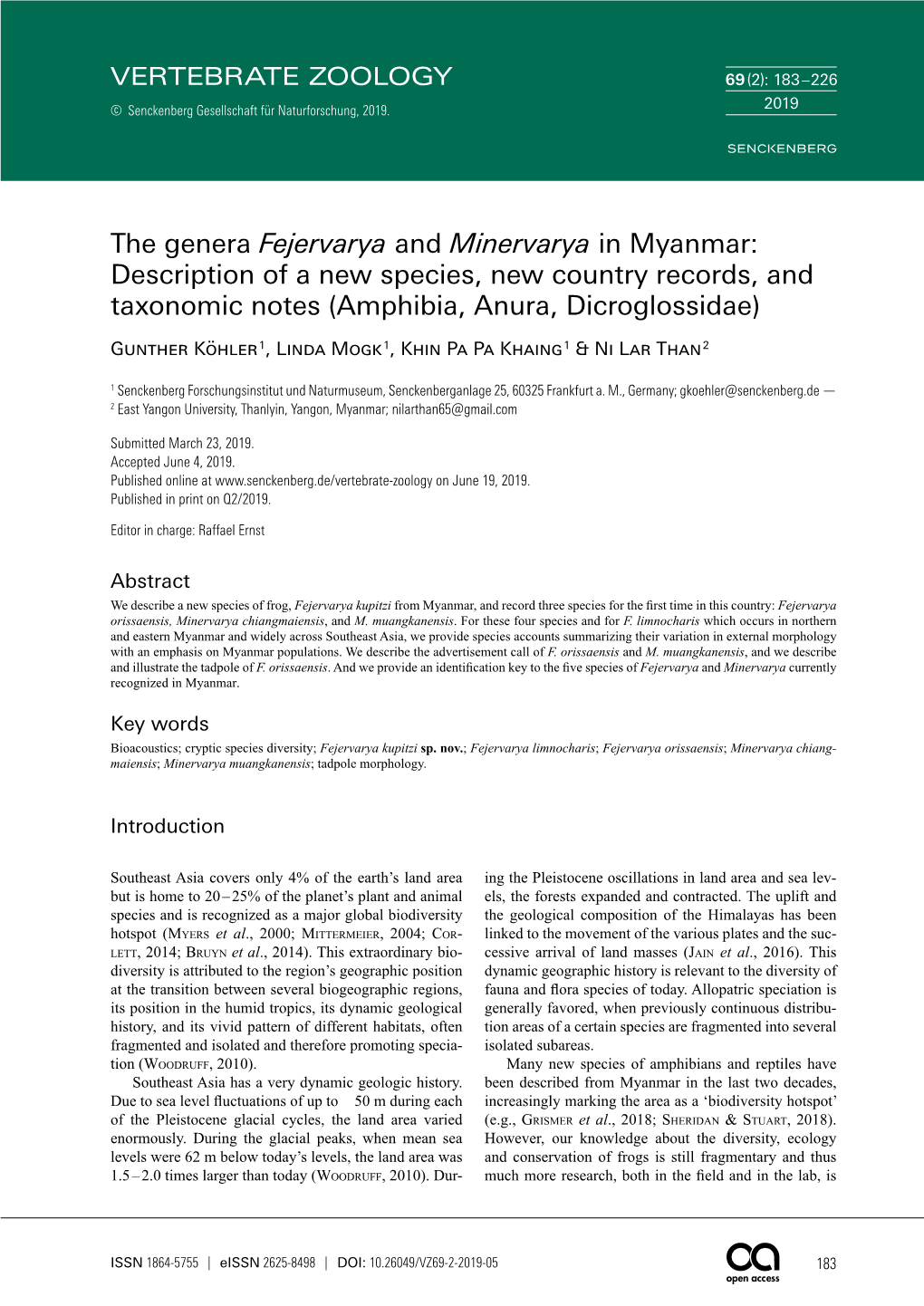 The Genera Fejervarya and Minervarya in Myanmar: Description of a New Species, New Country Records, and Taxonomic Notes (Amphibia, Anura, Dicroglossidae)